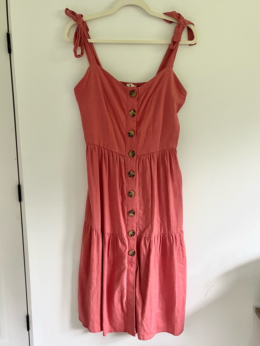 Coral Linen Blend Button Front Cottagecore Summer Midi Dress with Pockets Small